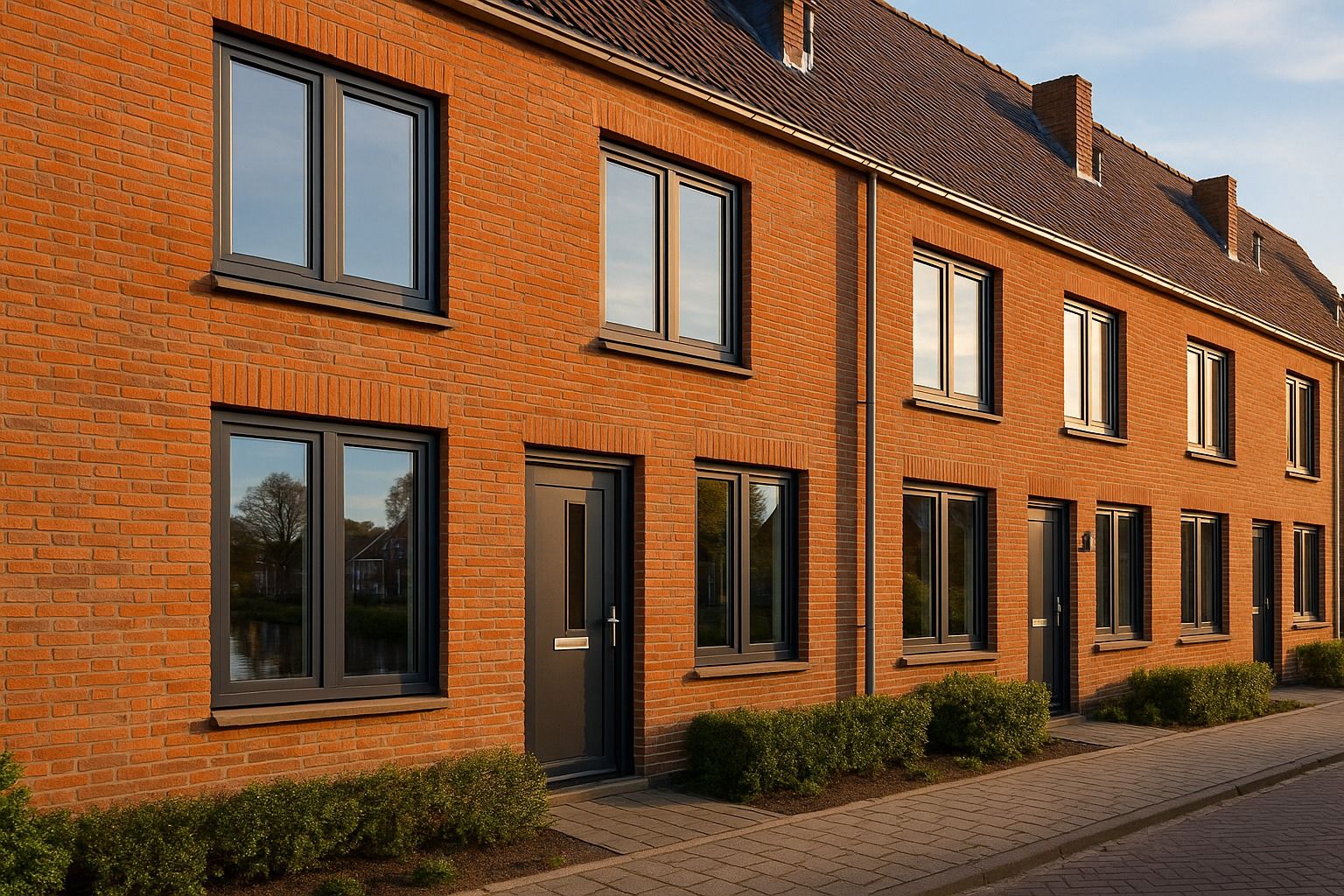 Moderne rijtjeshuizen met rode bakstenen gevels